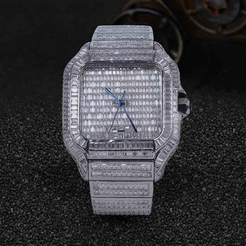 Santos De Cartier Iced Out Watch Baguette Moissanite Hip Hop Bust Down