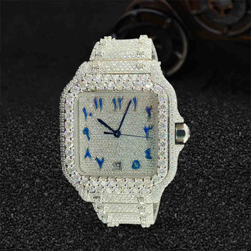 Iced Out Watch for Men Cartier Santos Arabic Dial Moissanite Diamond Bling Hip Hop Jewelry