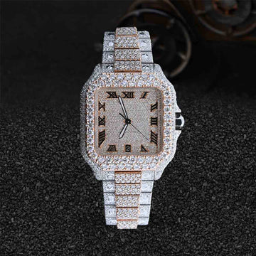 Iced Out Moissanite Diamond Watch Santos Cartier Rose Gold Bust Down Hip Hop Jewelry