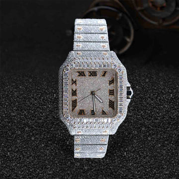 Iced Out Watch Cartier Santos Baguette Moissanite Diamond Rose Gold Bust Down