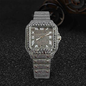 Iced Out Watch Cartier Santos Black Moissanite Bust Down Hip Hop Jewelry