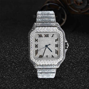 Salt and Pepper Iced Out Watch Santos de Cartier Black and White Moissanite Bust Down Jewelry