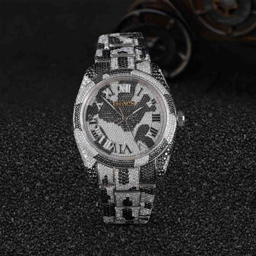 Black and White Moissanite Iced Out Watch Camouflage Pattern Bust Down Hip Hop Jewelry