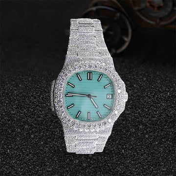 Patek Philippe Watch for Men Iced Out Moissanite Turquoise Dial White Gold Finish Bust Down Hip hop