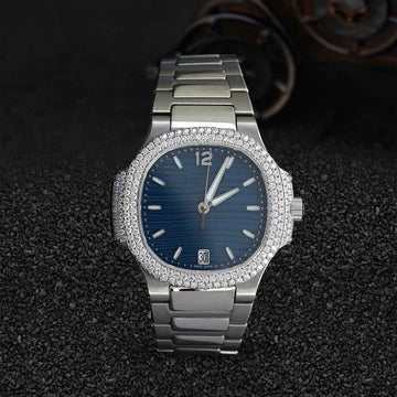 Patek Philippe Watch for Men Moissanite 36mm Sunburst Blue Dial