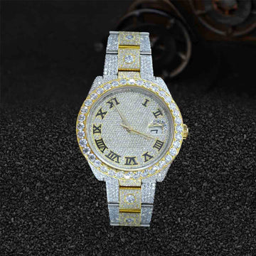 Rolex Watch for Men Moissanite Iced Out Datejust Roman Dial Gold Two Tone Bust Down