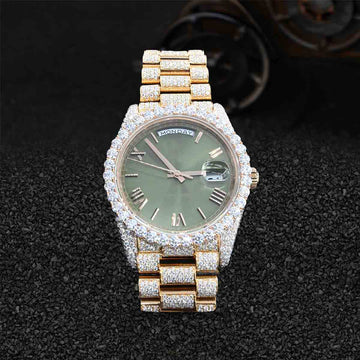 Olive Green Dial Iced Out Rolex Watch for Men Moissanite Day Date Roman Gold Bust Down