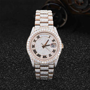 Rolex Watch for Women Iced Out Moissanite Day Date Roman Rose Gold Bust Down
