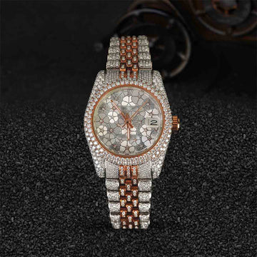Rolex Iced Out Watch for Women 32mm Floral Dial VVS1 Moissanite Diamond Bust Down