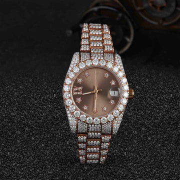Rolex Watch for Women Moissanite Iced Out 32mm Brown Dial Rose Gold Plated Bust Down