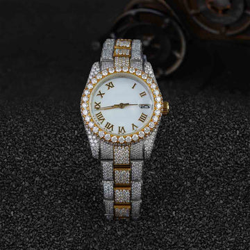 Two Tone Iced Out Rolex Watch for Women Moissanite 32mm White Dial Bust Down Hip Hop Jewelry