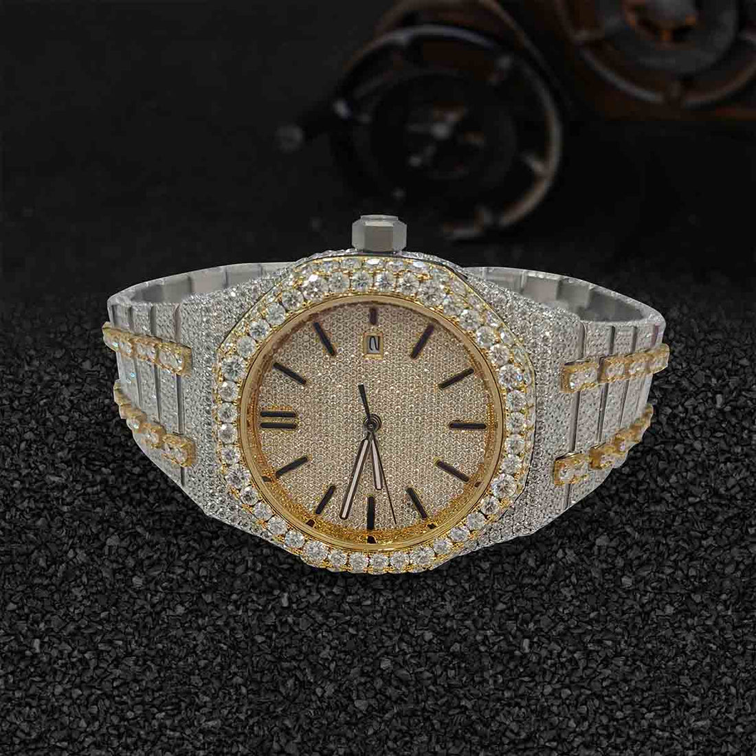 Iced Out Audemars Piguet Watch Moissanite Diamond 41mm Round Dial Two Tone
