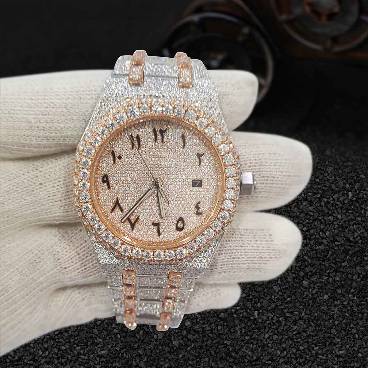 Moissanite Iced Out Audemars Piguet Watch for Women Arabic 41mm Rose Gold