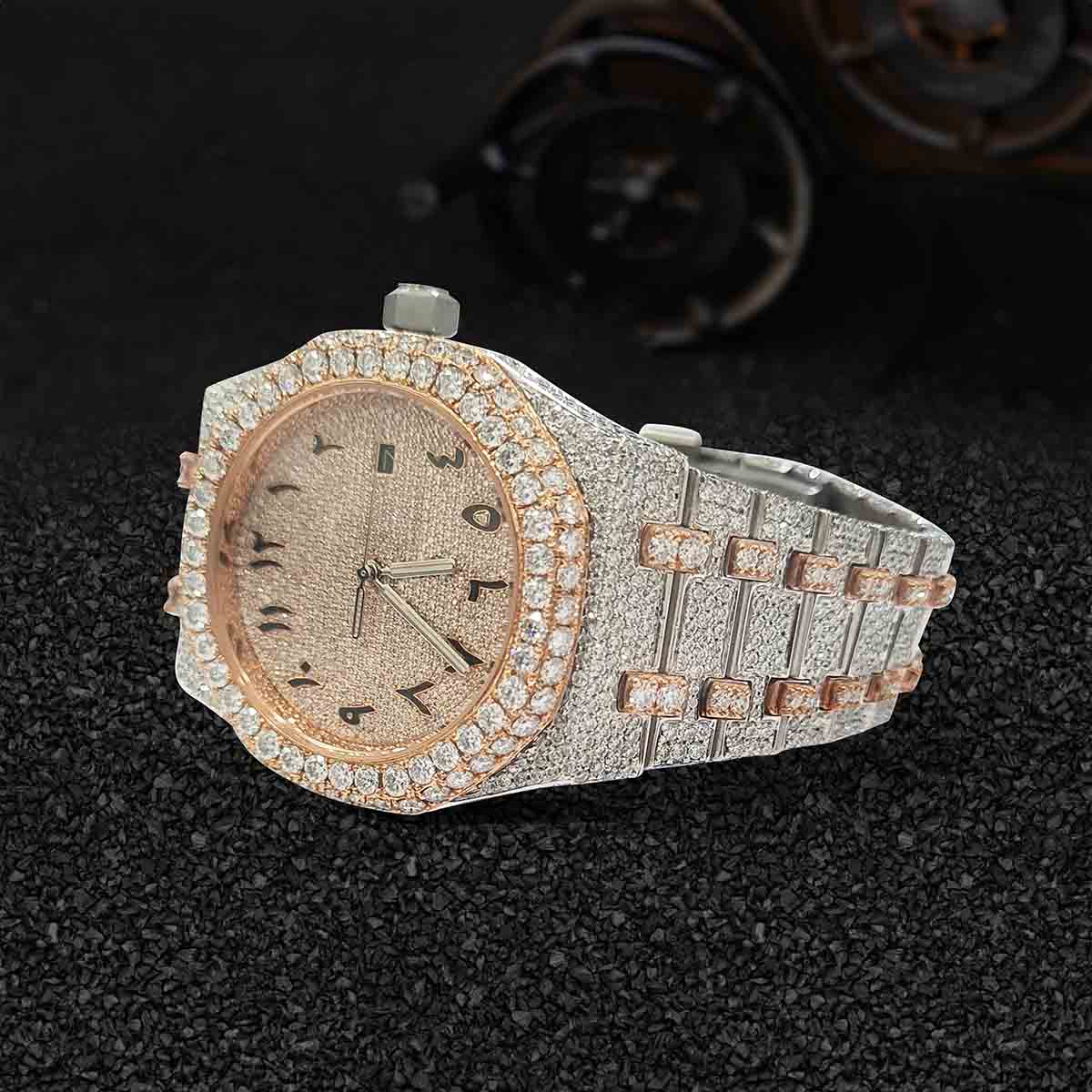 Moissanite Iced Out Audemars Piguet Watch for Women Arabic 41mm Rose Gold