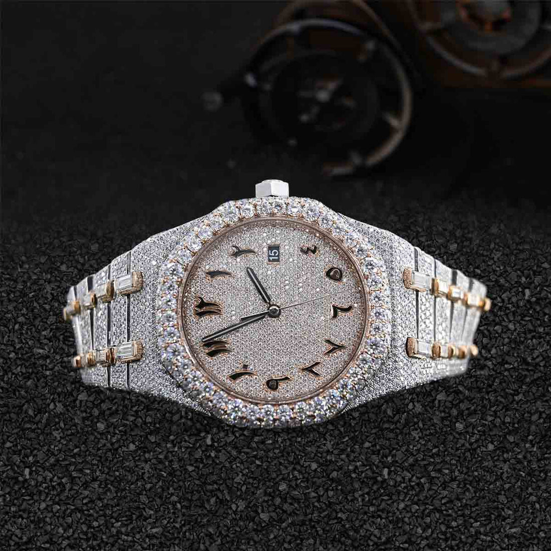 Iced Out Audemars Piguet Watch Moissanite Arabic Dial Rose Gold Bust Down Bling Hip Hop