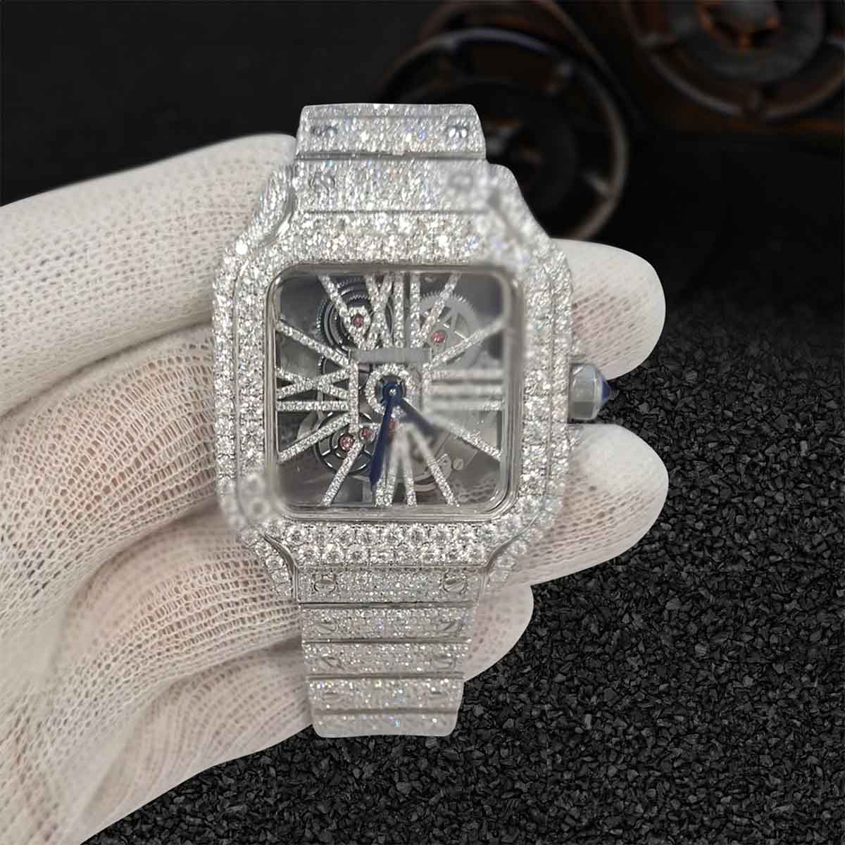 Iced Out Cartier Watch for Men VVS1 Moissanite 40mm Square Dial Smartlink Bracelet