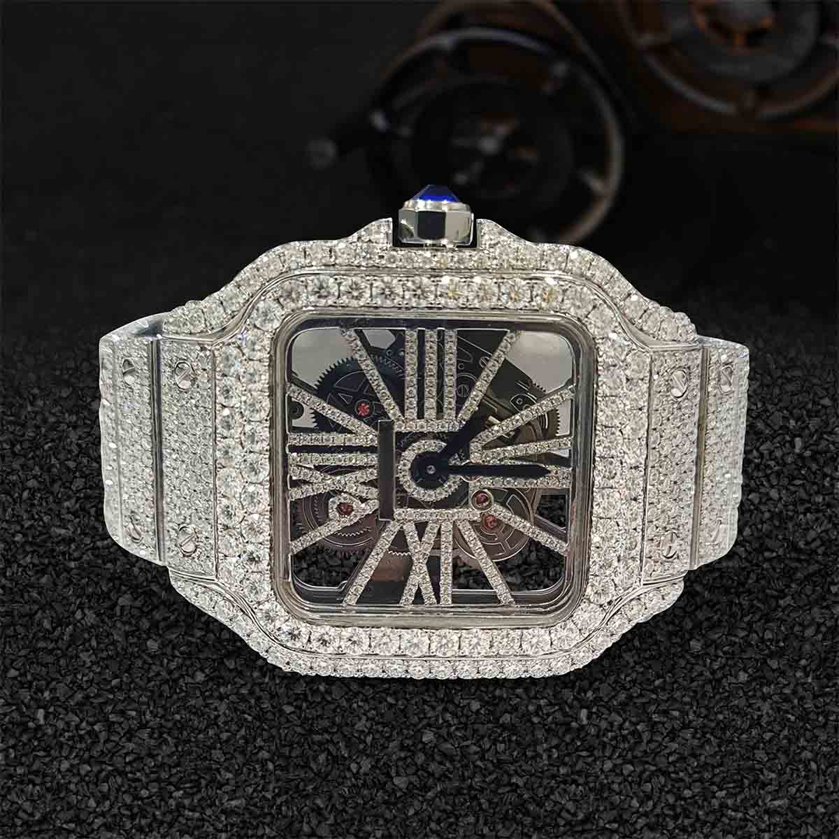 Iced Out Cartier Watch for Men VVS1 Moissanite 40mm Square Dial Smartlink Bracelet
