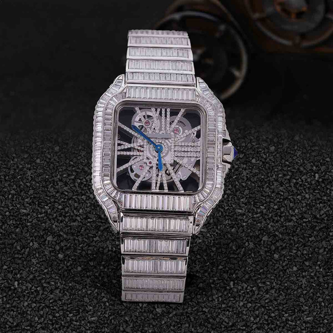 Cartier Santos Skeleton Iced Out Watch Baguette Moissanite 40mm Square Dial