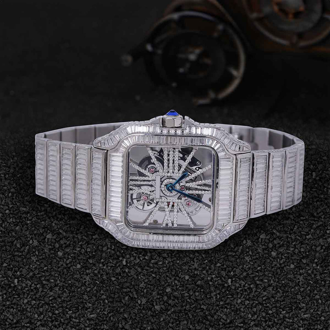 Cartier Santos Skeleton Iced Out Watch Baguette Moissanite 40mm Square Dial