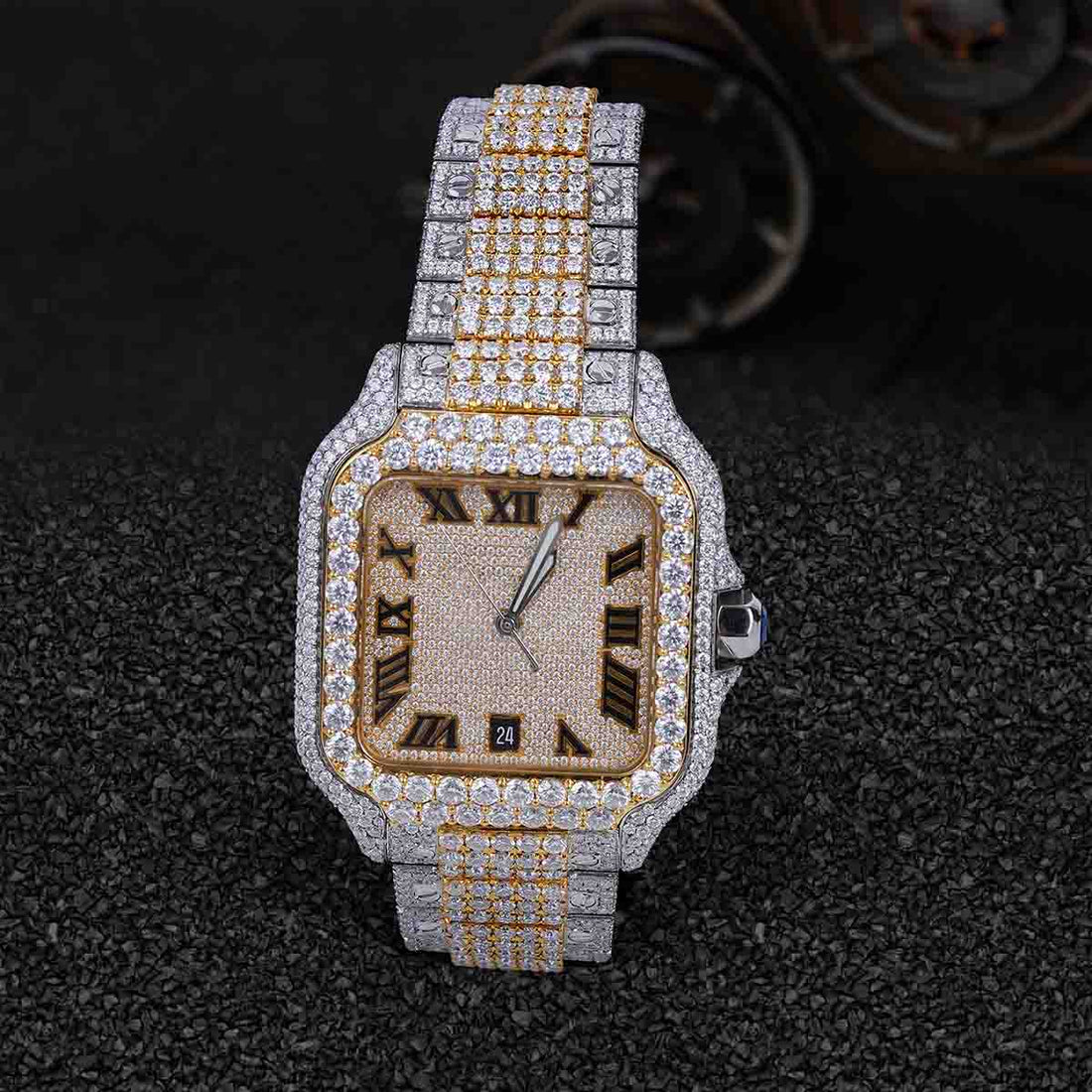 Santos De Cartier Moissanite Iced Out Watch Smartlink Bracelet Two Tone Bust Down