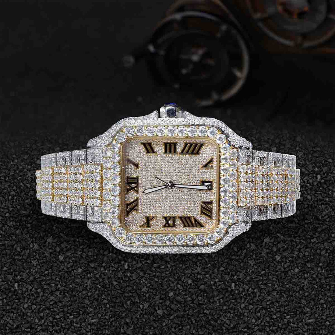 Santos De Cartier Moissanite Iced Out Watch Smartlink Bracelet Two Tone Bust Down