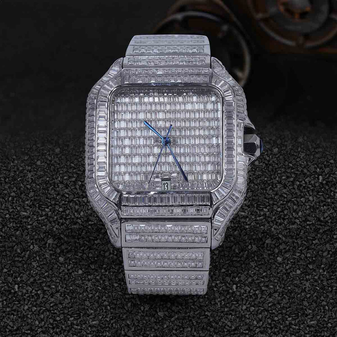 Santos De Cartier Iced Out Watch Baguette Moissanite Hip Hop Bust Down