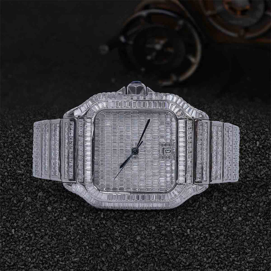 Santos De Cartier Iced Out Watch Baguette Moissanite Hip Hop Bust Down