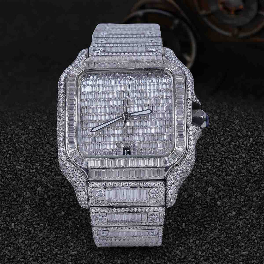 Santos de Cartier Iced Out Watch for Men Moissanite 40mm Square Dial Bust Down Hip Hop