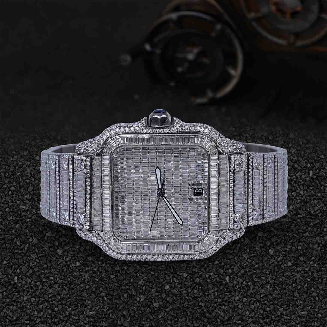Santos de Cartier Iced Out Watch for Men Moissanite 40mm Square Dial Bust Down Hip Hop