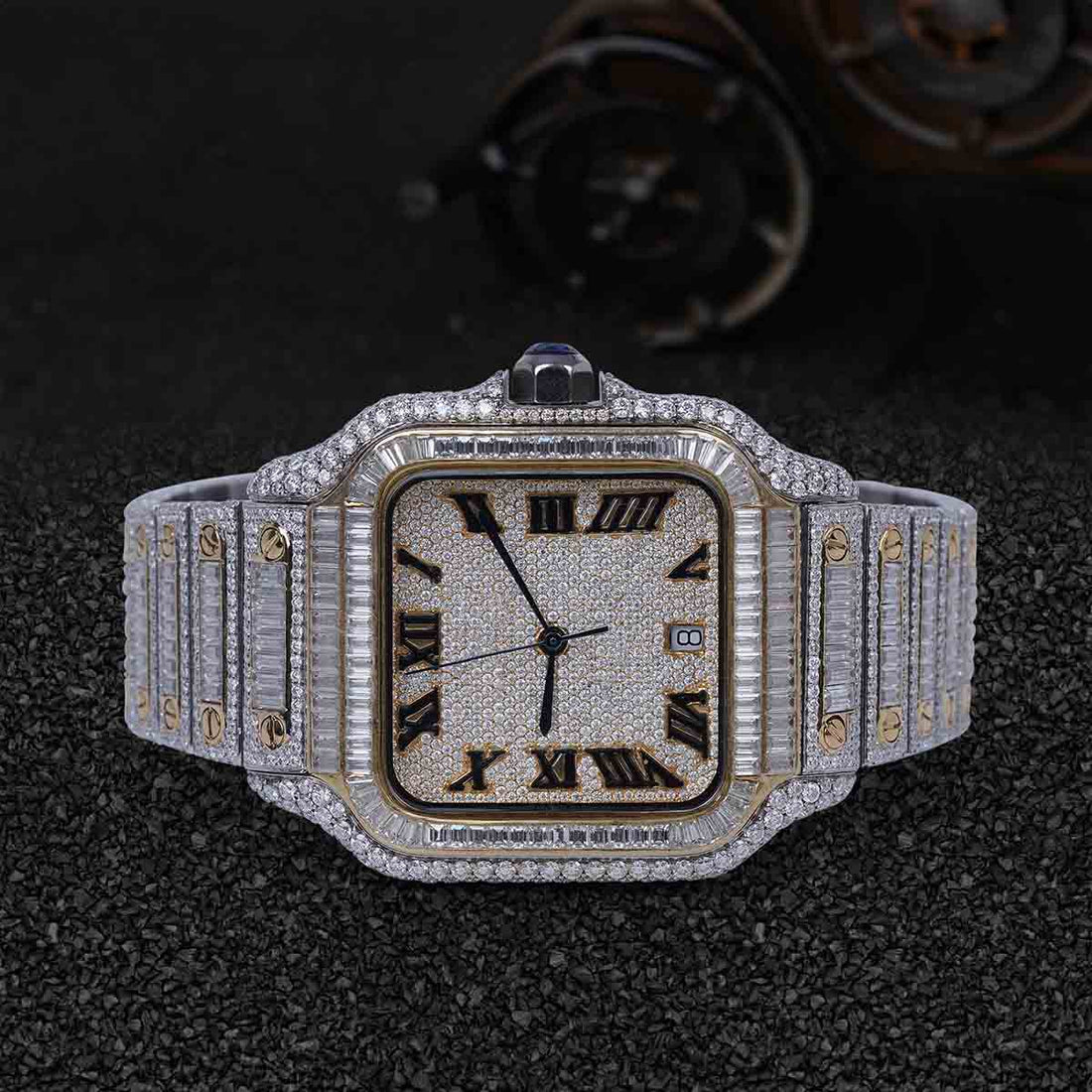 Santos De Cartier Iced Out Watch for Men Bling-out Moissanite Bust Down Hip Hop Two Tone