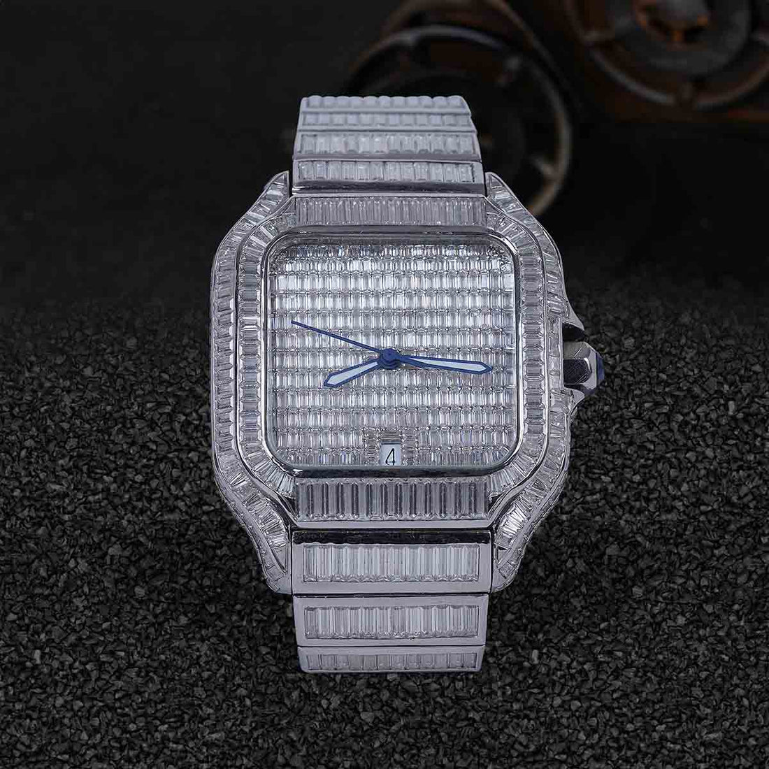 Iced Out Watch Santos De Cartier Baguette Moissanite Square Dial Bust Down