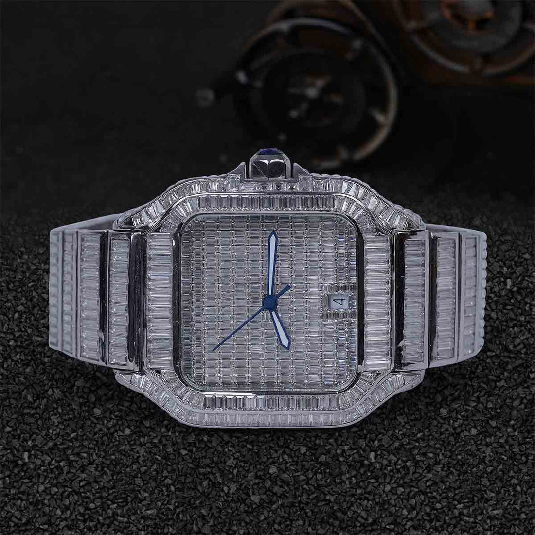 Iced Out Watch Santos De Cartier Baguette Moissanite Square Dial Bust Down