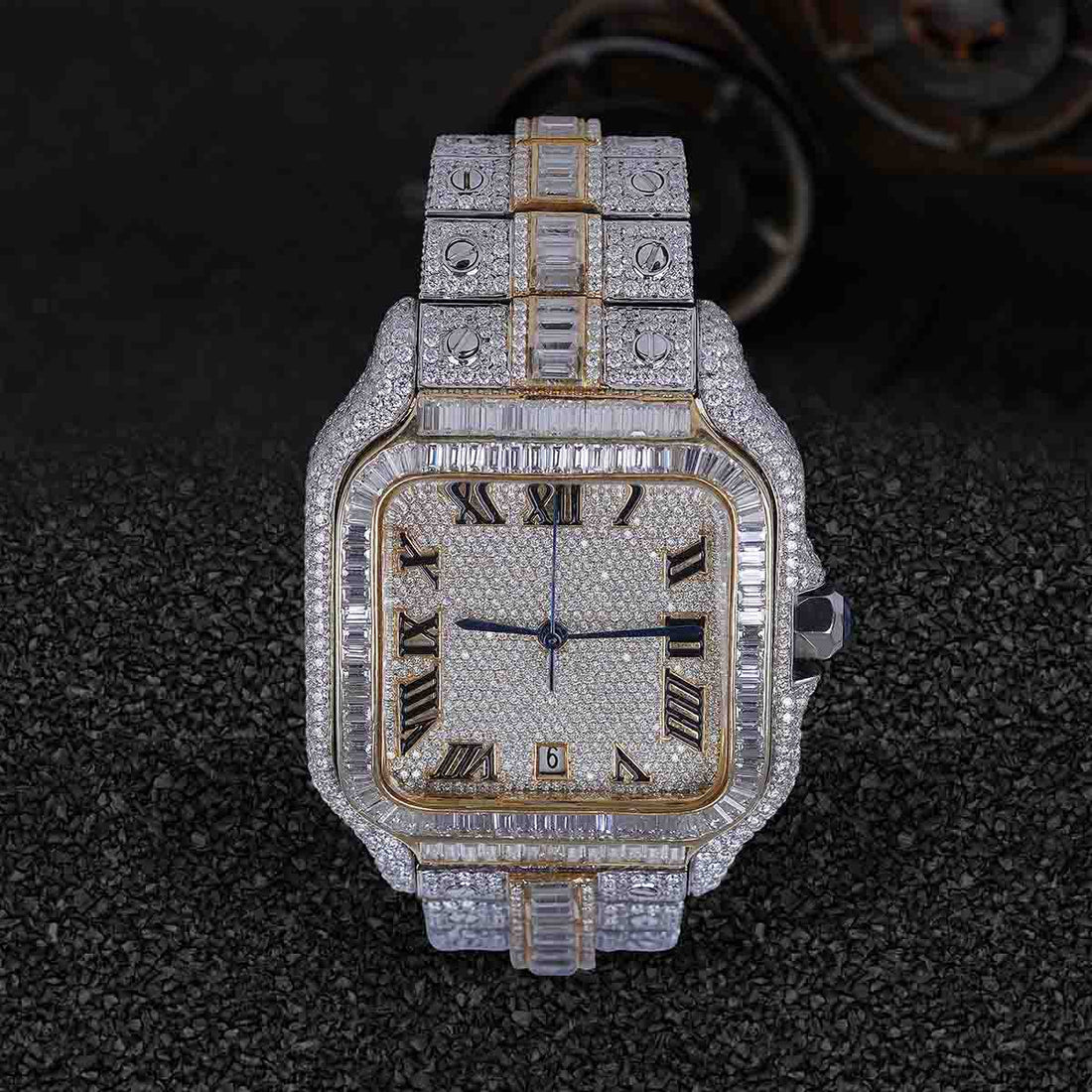 Two Tone Bust Down Watch for Men Santos De Cartier Moissanite Iced Out Jewelry