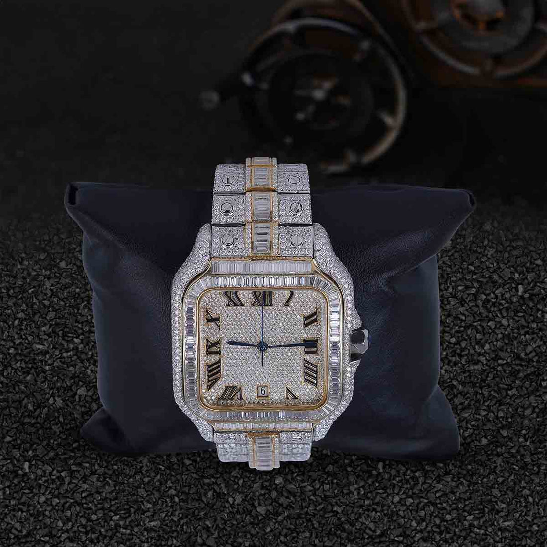 Two Tone Bust Down Watch for Men Santos De Cartier Moissanite Iced Out Jewelry