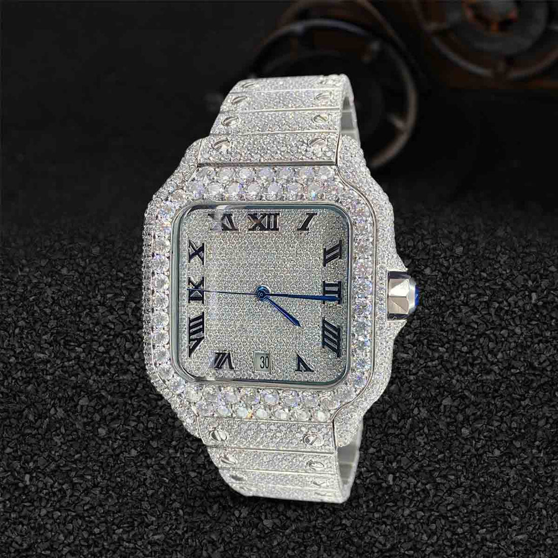 Cartier Santos Moissanite Iced Out Watch for Men Roman Square Dial Bust Down Hip Hop Jewelry