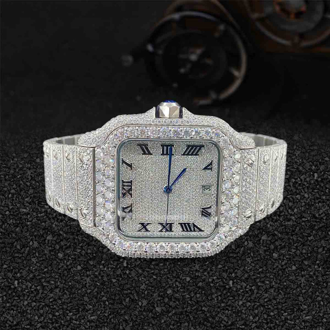 Cartier Santos Moissanite Iced Out Watch for Men Roman Square Dial Bust Down Hip Hop Jewelry