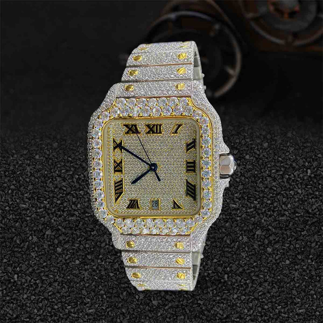 Iced Out Watch for Men Santos De Cartier Moissanite Two Tone Roman Bust Down