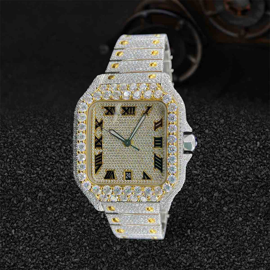 Moissanite Diamond Iced Out Watch for Men Santos Cartier Bust Down Hip Hop Jewelry