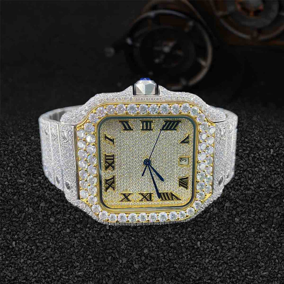 Iced Out Watch for Men Santos de Cartier Moissanite Diamond Bust Down Hip Hop Jewelry