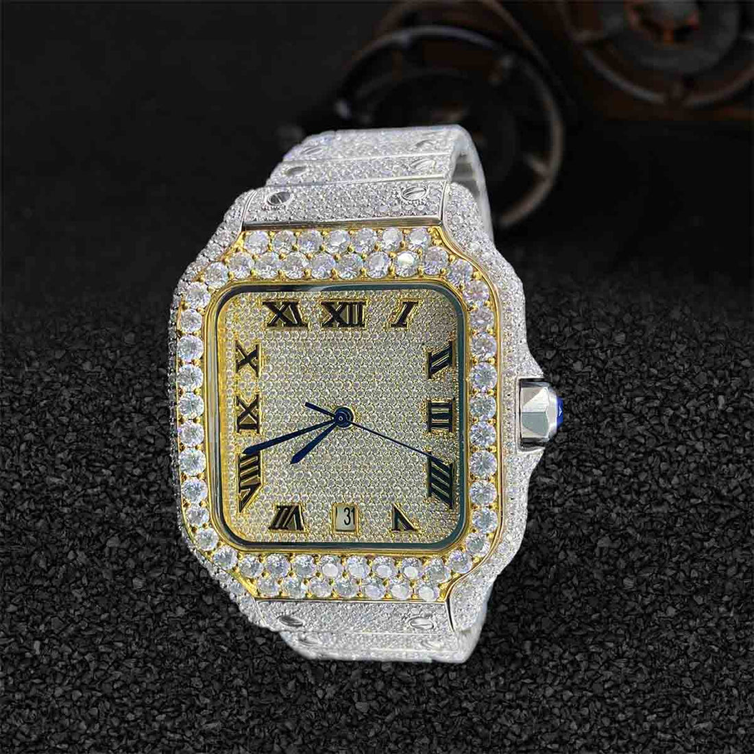 Iced Out Watch for Men Santos de Cartier Moissanite Diamond Bust Down Hip Hop Jewelry