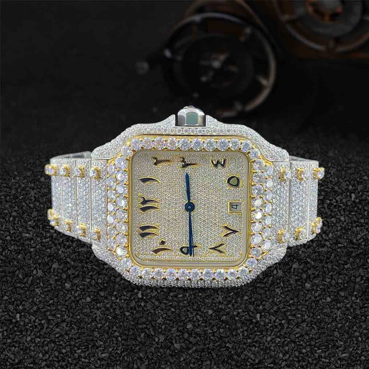 Iced Out Watch for Men Santos de Cartier Moissanite Diamond Arabic Dial Gold Bust Down Hip Hop Jewelry