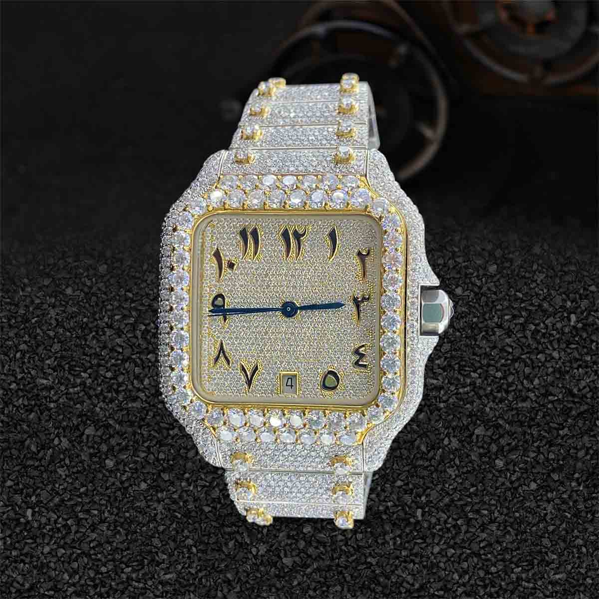 Iced Out Watch for Men Santos de Cartier Moissanite Diamond Arabic Dial Gold Bust Down Hip Hop Jewelry