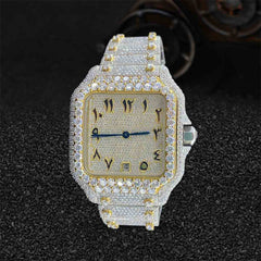 Arabic Dial Iced Out Watch for Men Moissanite Diamonds Two Tone 14k Gold Finish