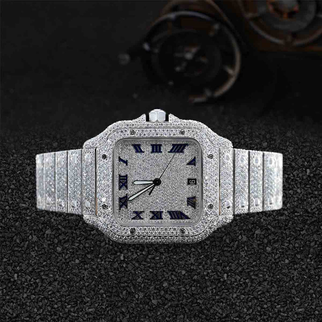 Moissanite Diamond Iced Out Watch Bust Down Cartier Santos Blinged Out Hip Hop Jewelry