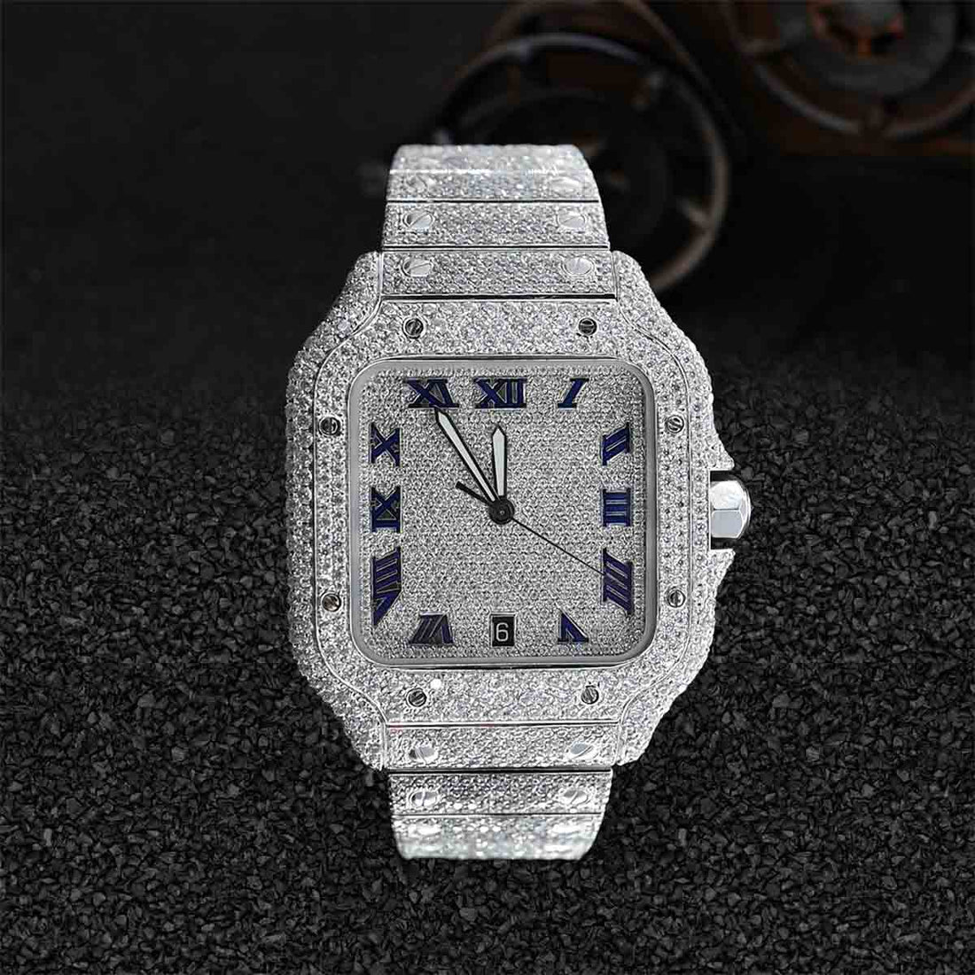 Moissanite Diamond Iced Out Watch Bust Down Cartier Santos Blinged Out Hip Hop Jewelry