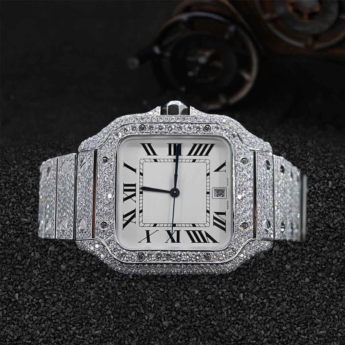 Roman White Dial Moissanite Iced Out Watch for Men Cartier Santos Bust Down Jewelry