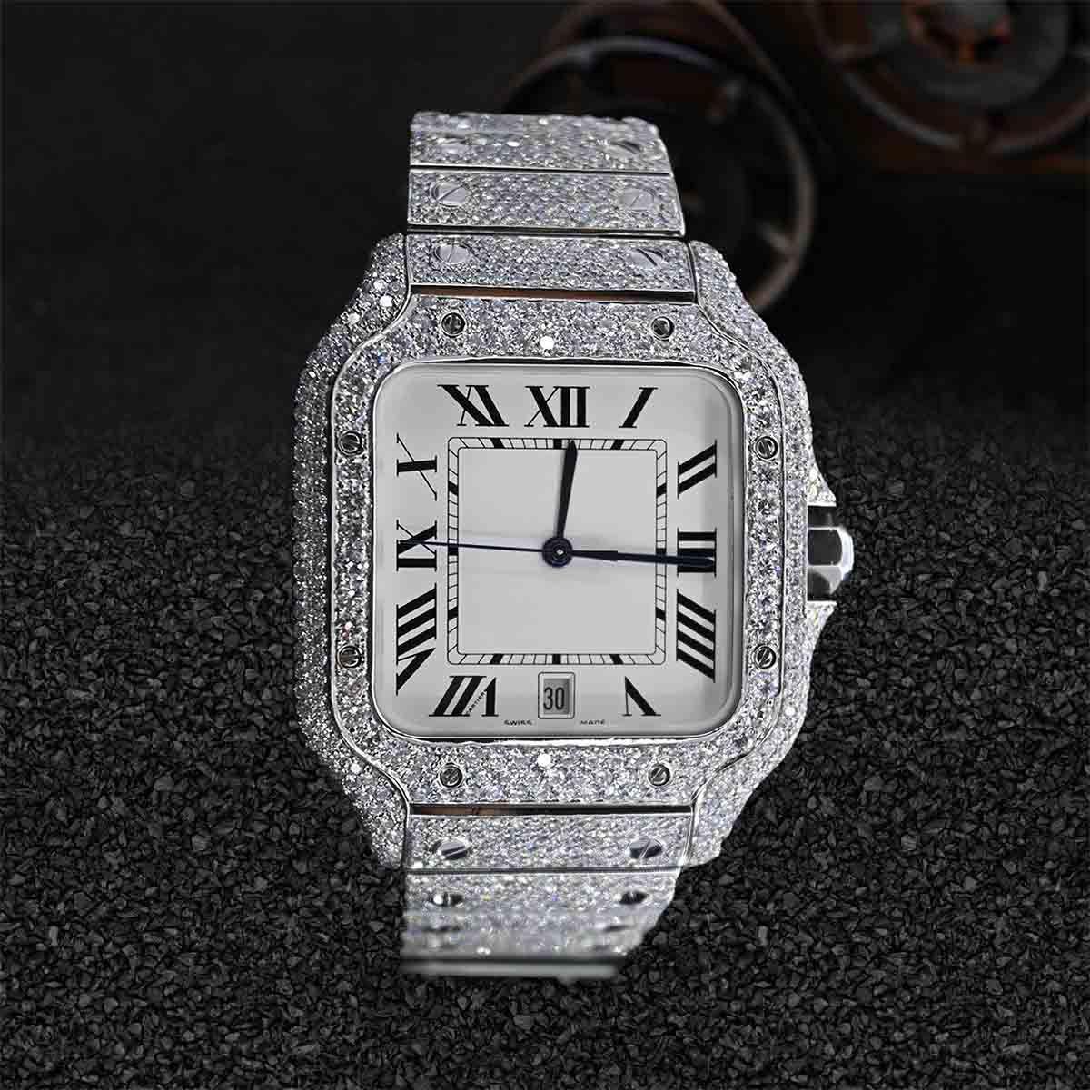 Roman White Dial Moissanite Iced Out Watch for Men Cartier Santos Bust Down Jewelry