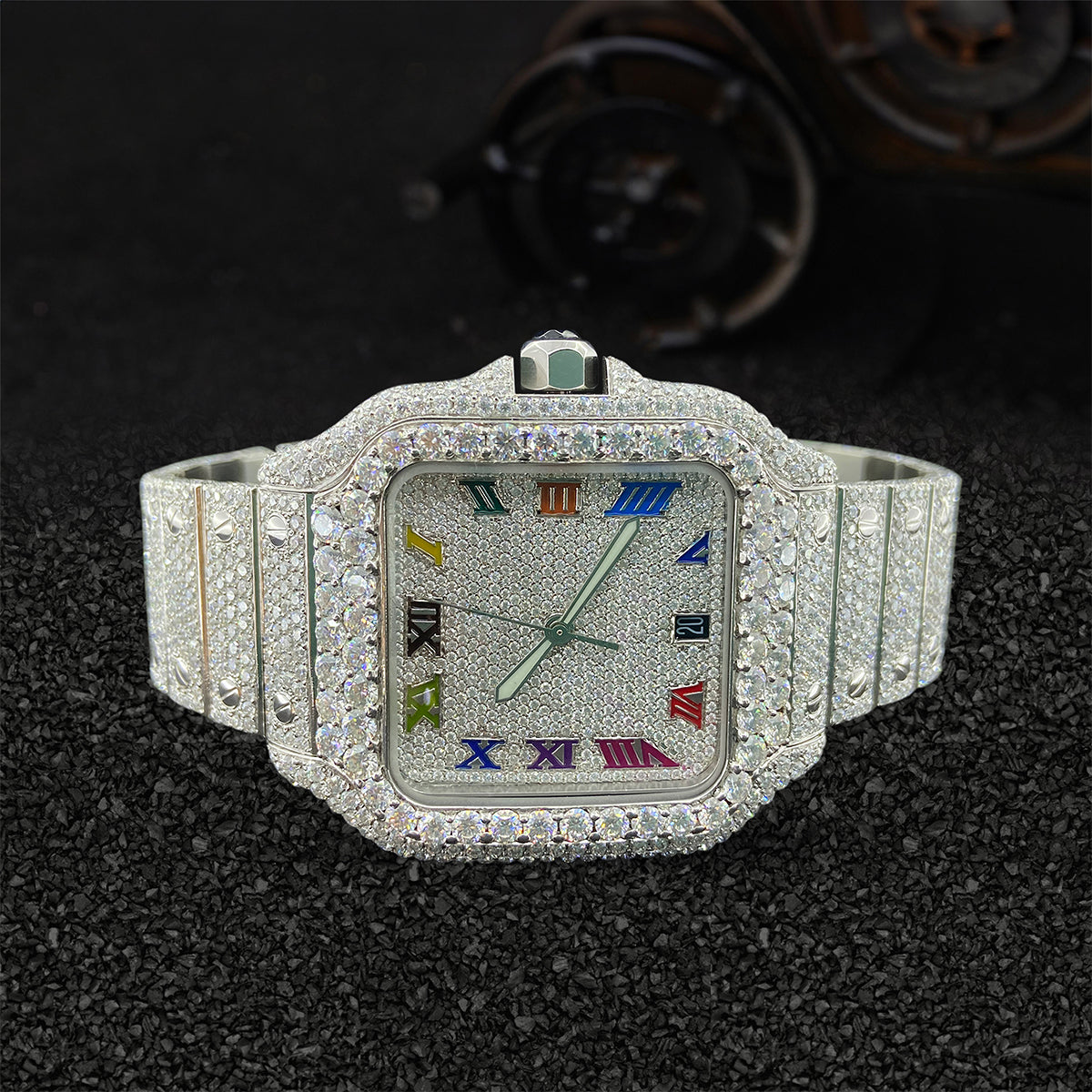 Iced Out Watch Santos Cartier Rainbow Dial Moissanite Diamond Bust Down Jewelry