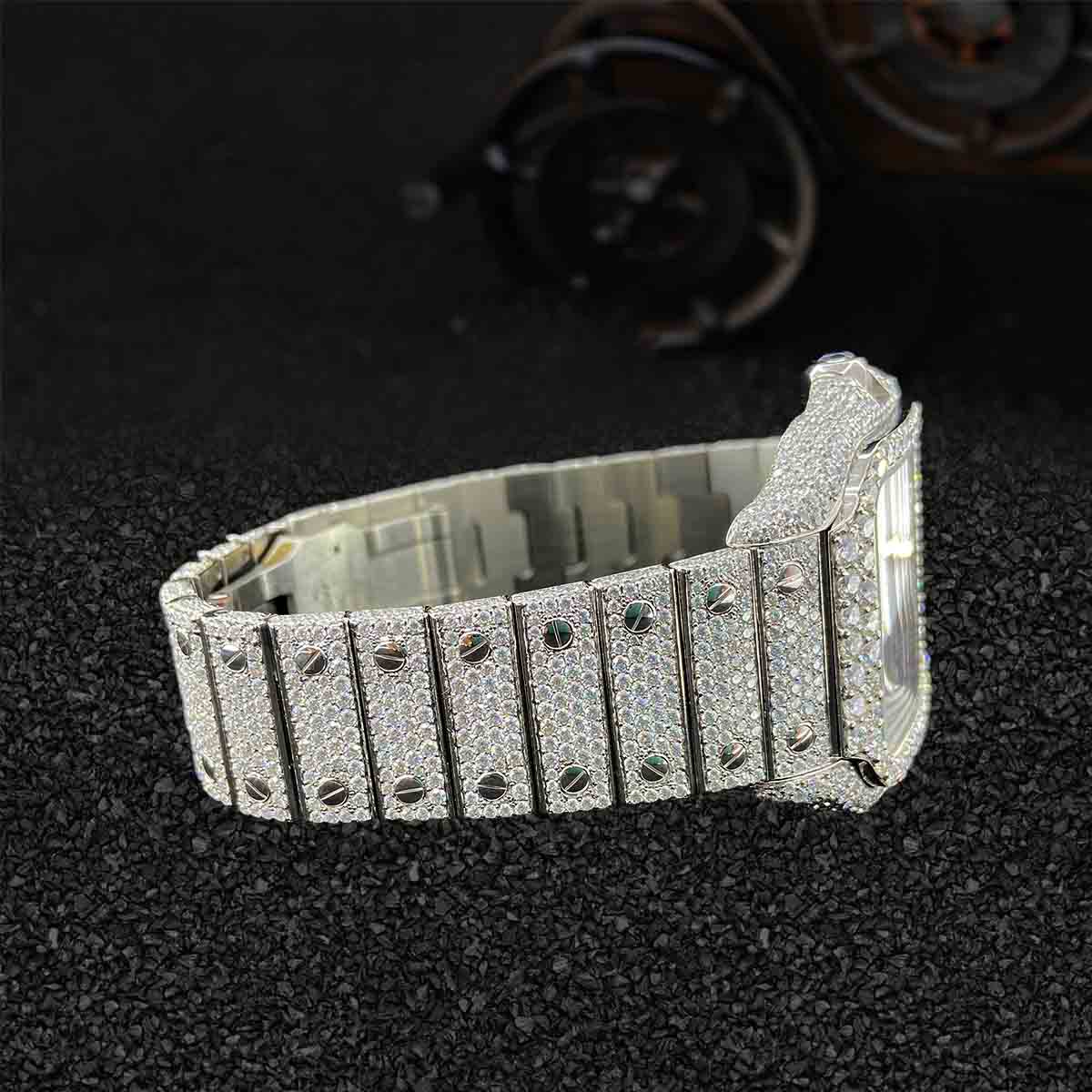 Iced Out Watch Santos Cartier Rainbow Dial Moissanite Diamond Bust Down Jewelry