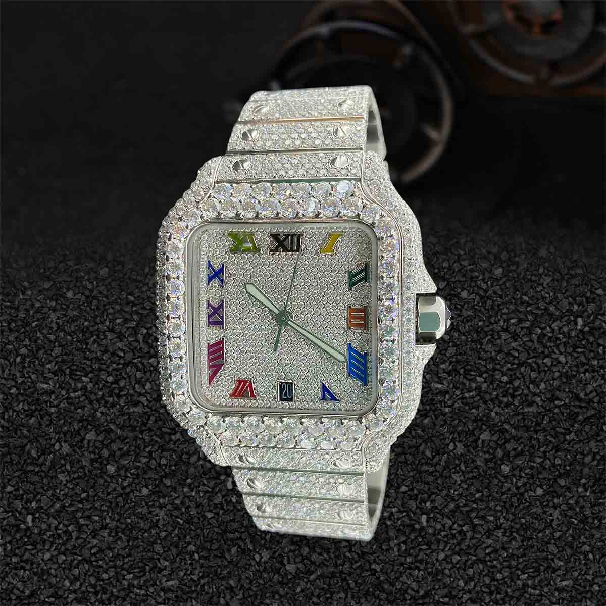 Iced Out Watch Santos Cartier Rainbow Dial Moissanite Diamond Bust Down Jewelry